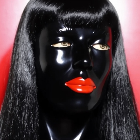 Sissy Crossdresser Black Latex mask BDSM Fetish with red Lipstick - Picture 4 of 6